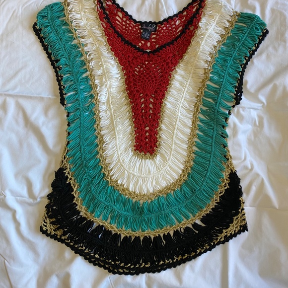 QUESTIONS BY SAY WHAT? Metallic Rainbow Crochet Boho Festival Top M - Picture 7 of 16